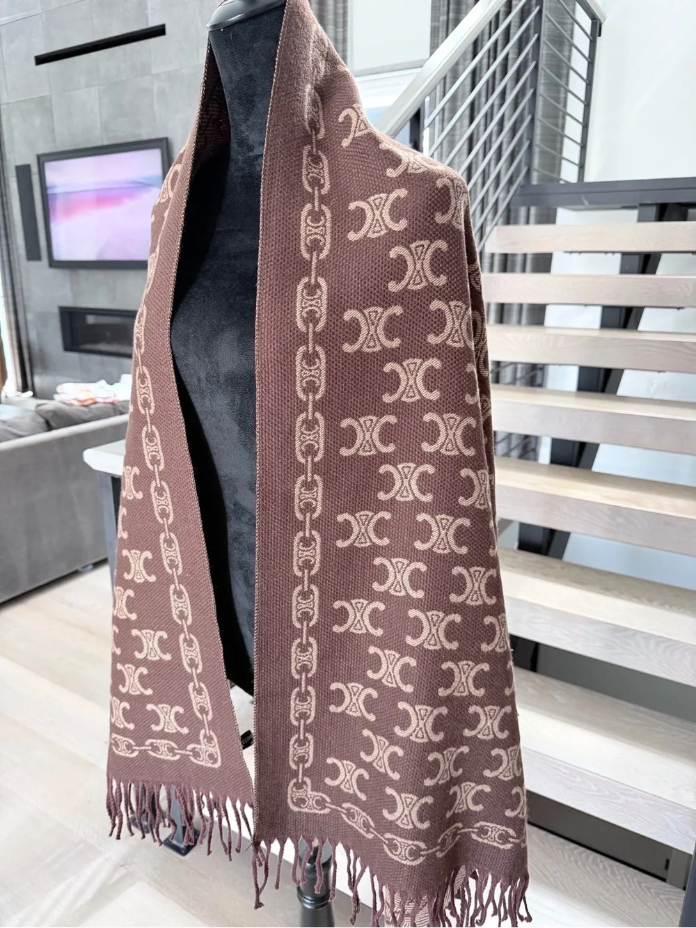 Celine Brown Double-C Monogram Cashmere Scarf with Fringe